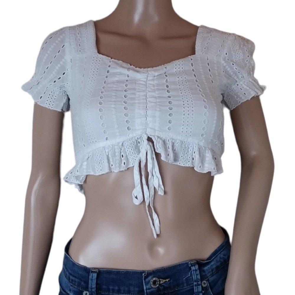 Romwe Drawstring White Eyelet Crop Top